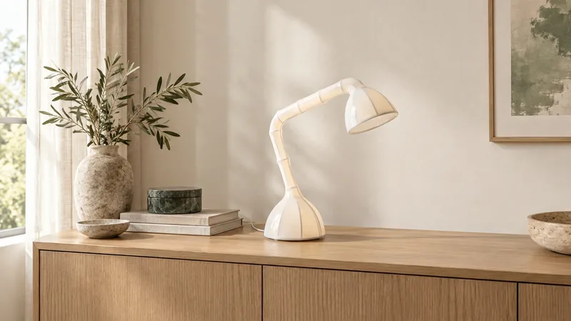 Product Staging result: the same lamp placed on the oak sideboard in the brand-controlled scene