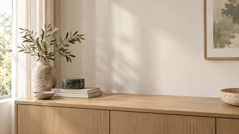 Verdalune demo scene: an oak sideboard styled with a vase, books and a stone bowl, with space reserved for a product