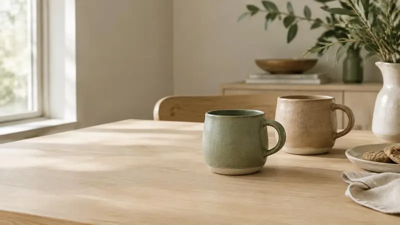 Generated example: sage stoneware mug on an oak table